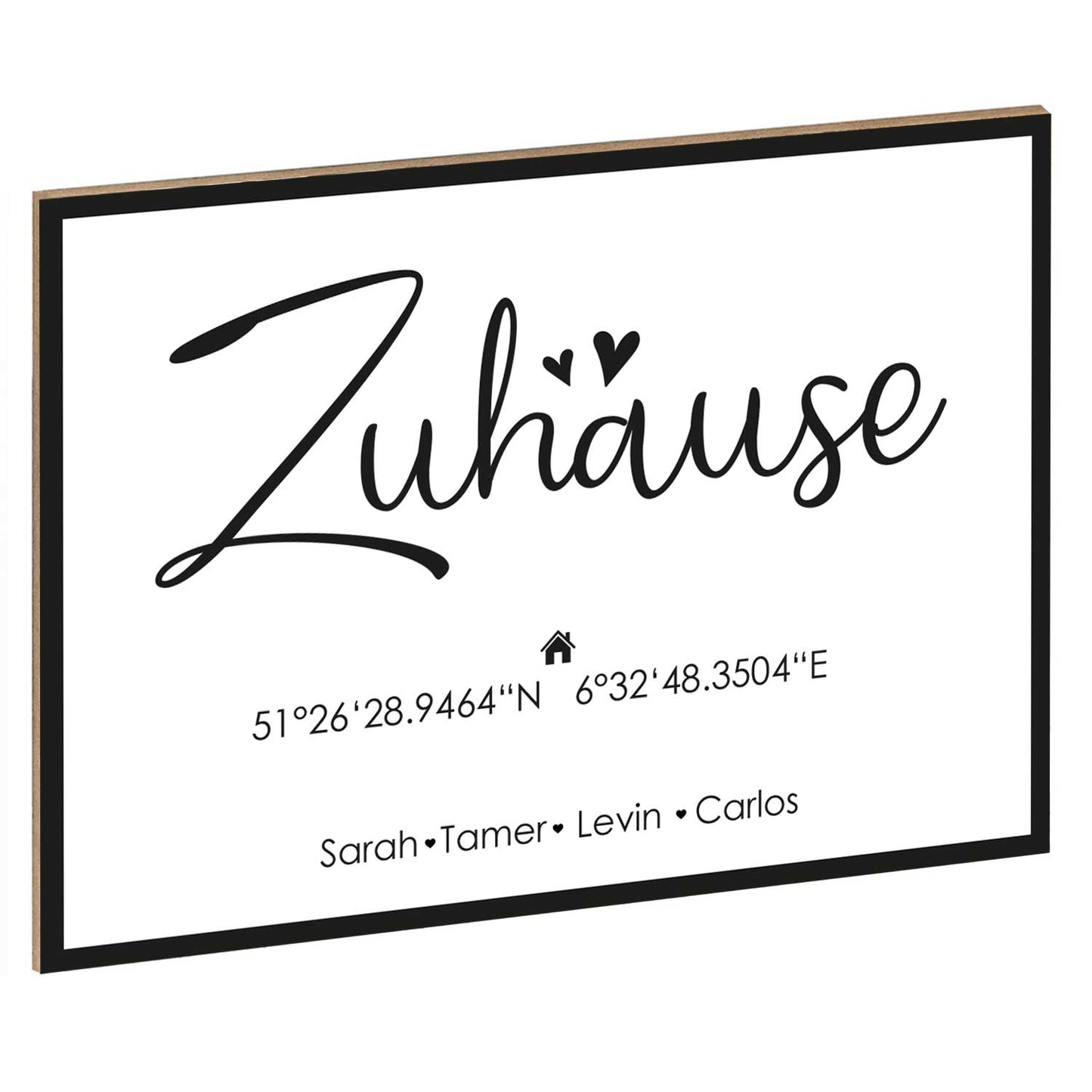 Holzschild Motiv Zuhause mit Namen & Koordinaten