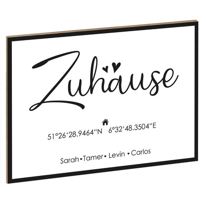 Holzschild Motiv Zuhause mit Namen & Koordinaten
