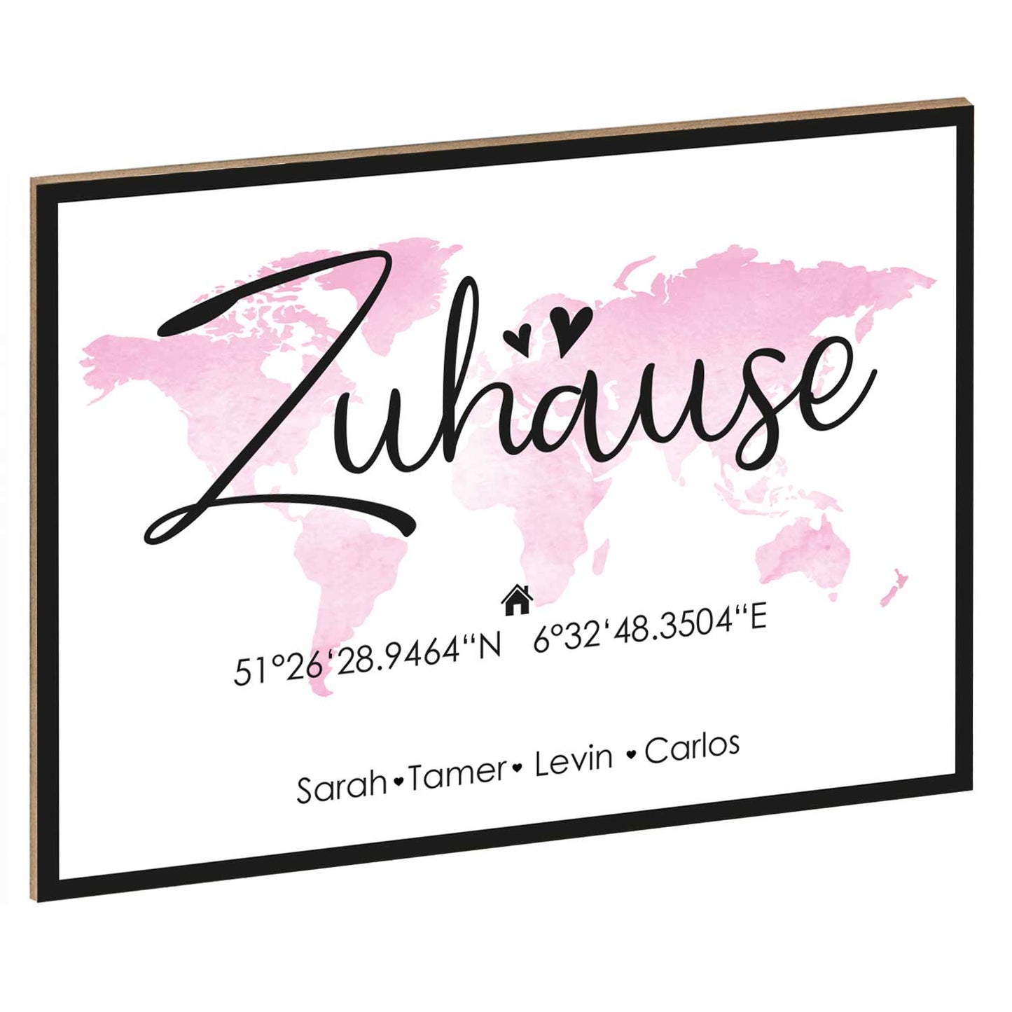 Holzschild Motiv Zuhause mit Namen & Koordinaten