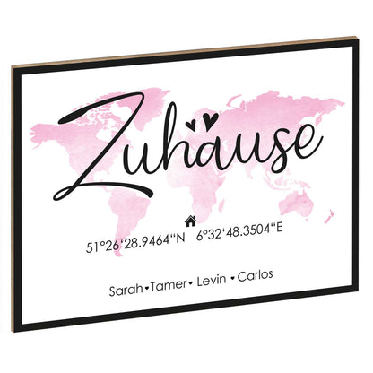 Holzschild Motiv Zuhause mit Namen & Koordinaten