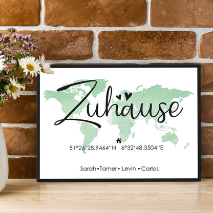Holzschild Motiv Zuhause mit Namen & Koordinaten