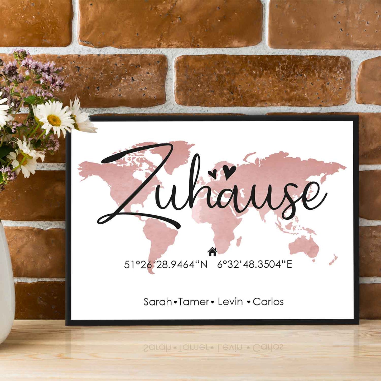 Holzschild Motiv Zuhause mit Namen & Koordinaten