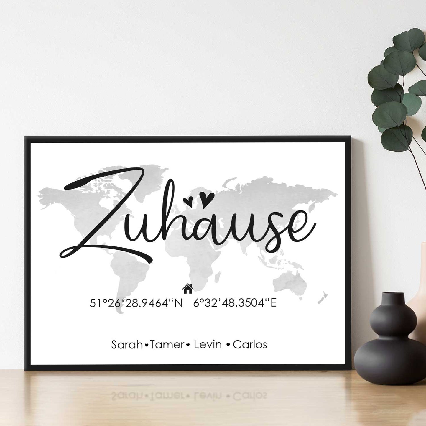 Holzschild Motiv Zuhause mit Namen & Koordinaten