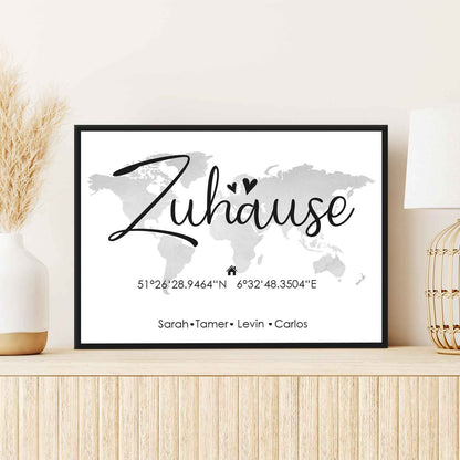 Holzschild Motiv Zuhause mit Namen & Koordinaten