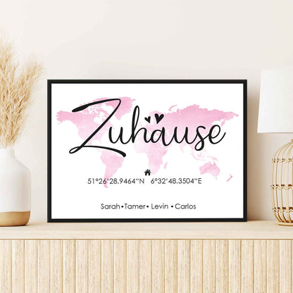 Holzschild Motiv Zuhause mit Namen & Koordinaten