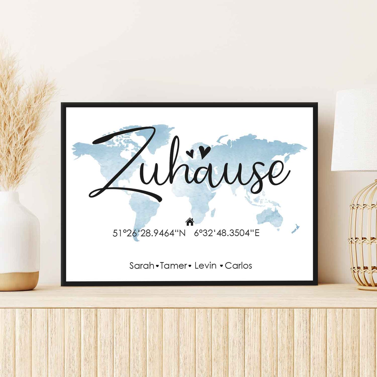 Holzschild Motiv Zuhause mit Namen & Koordinaten