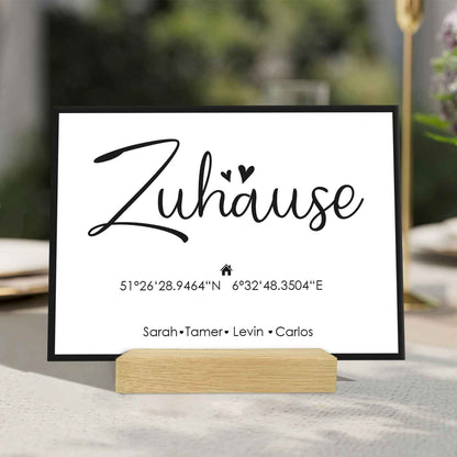 Holzschild Motiv Zuhause mit Namen & Koordinaten