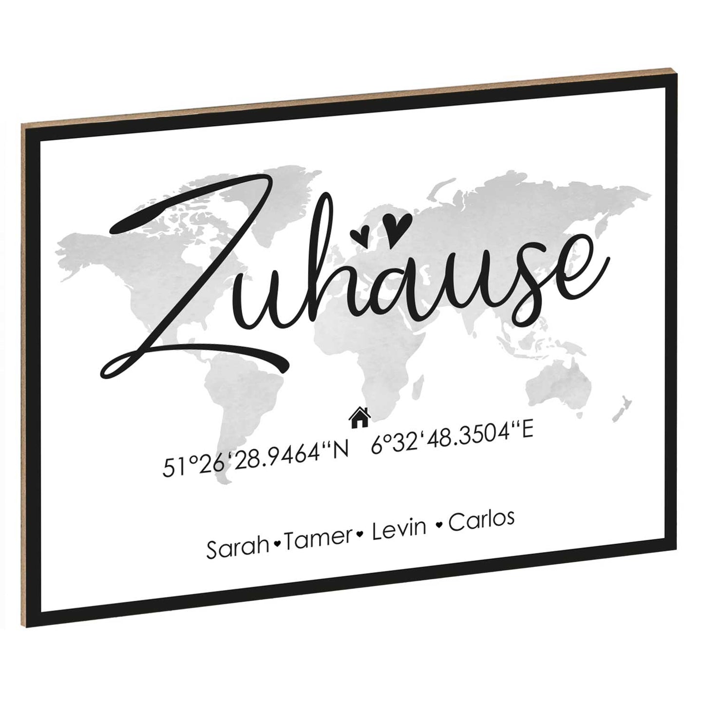 Holzschild Motiv Zuhause mit Namen & Koordinaten
