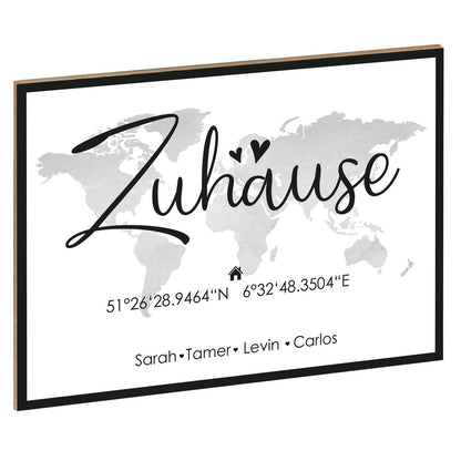 Holzschild Motiv Zuhause mit Namen & Koordinaten