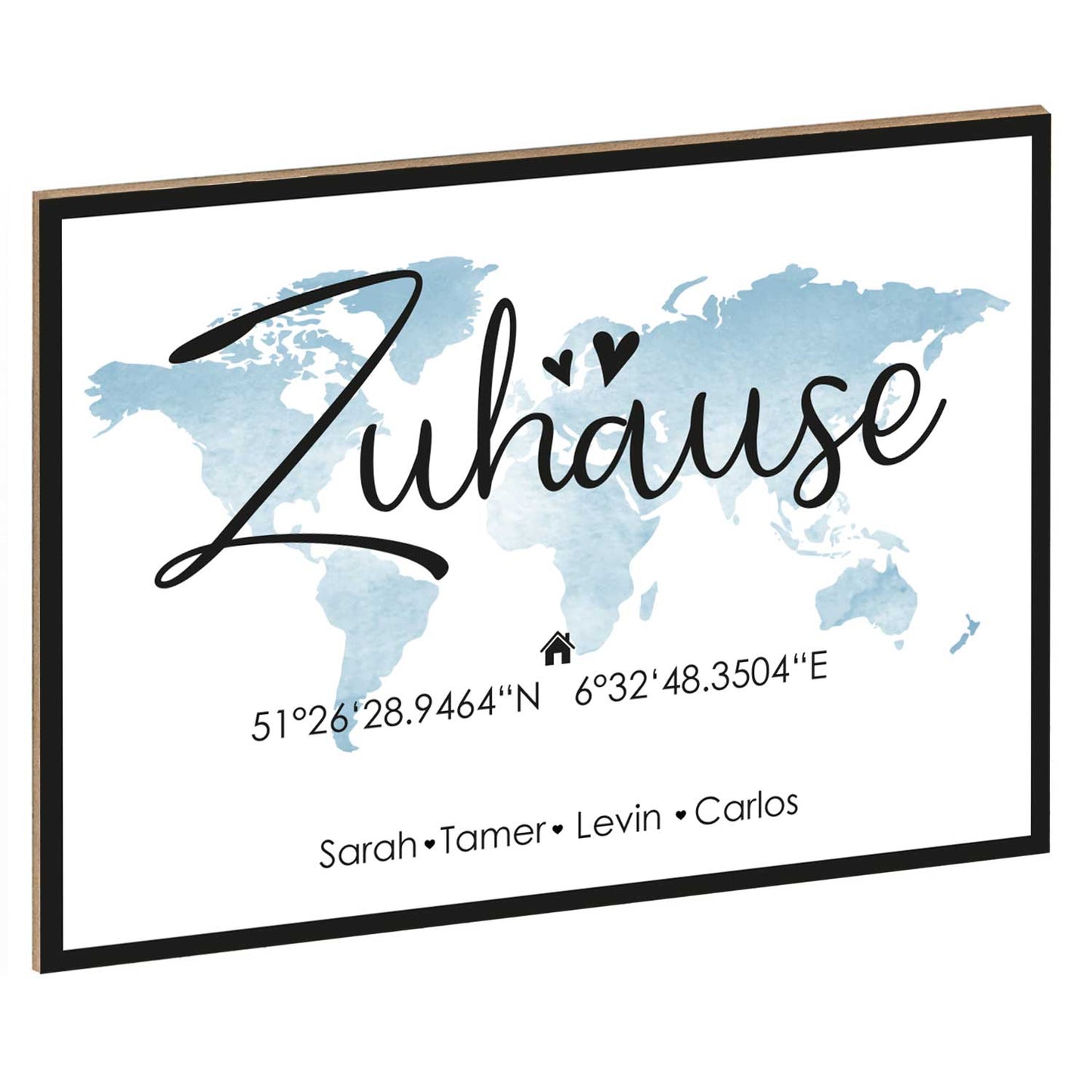 Holzschild Motiv Zuhause mit Namen & Koordinaten