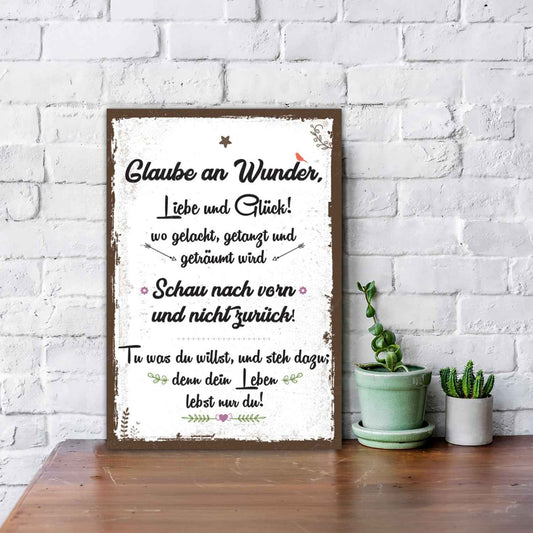 Holzschild Glaube an Wunder Liebe & Glück
