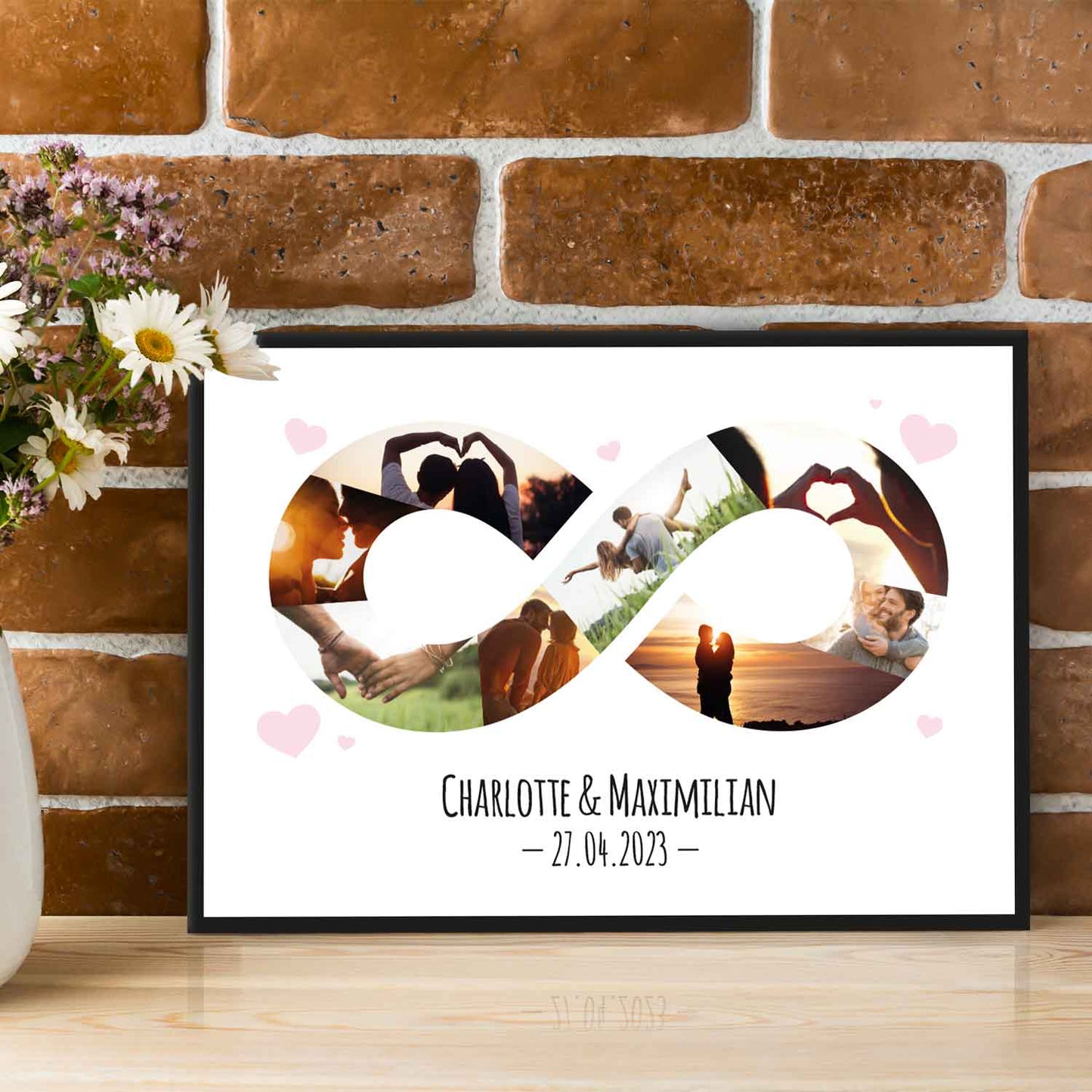 Holzschild mit Foto Collage - Bis zu 8 Bilder und Namen - Holzbild zum Selbstgestalten