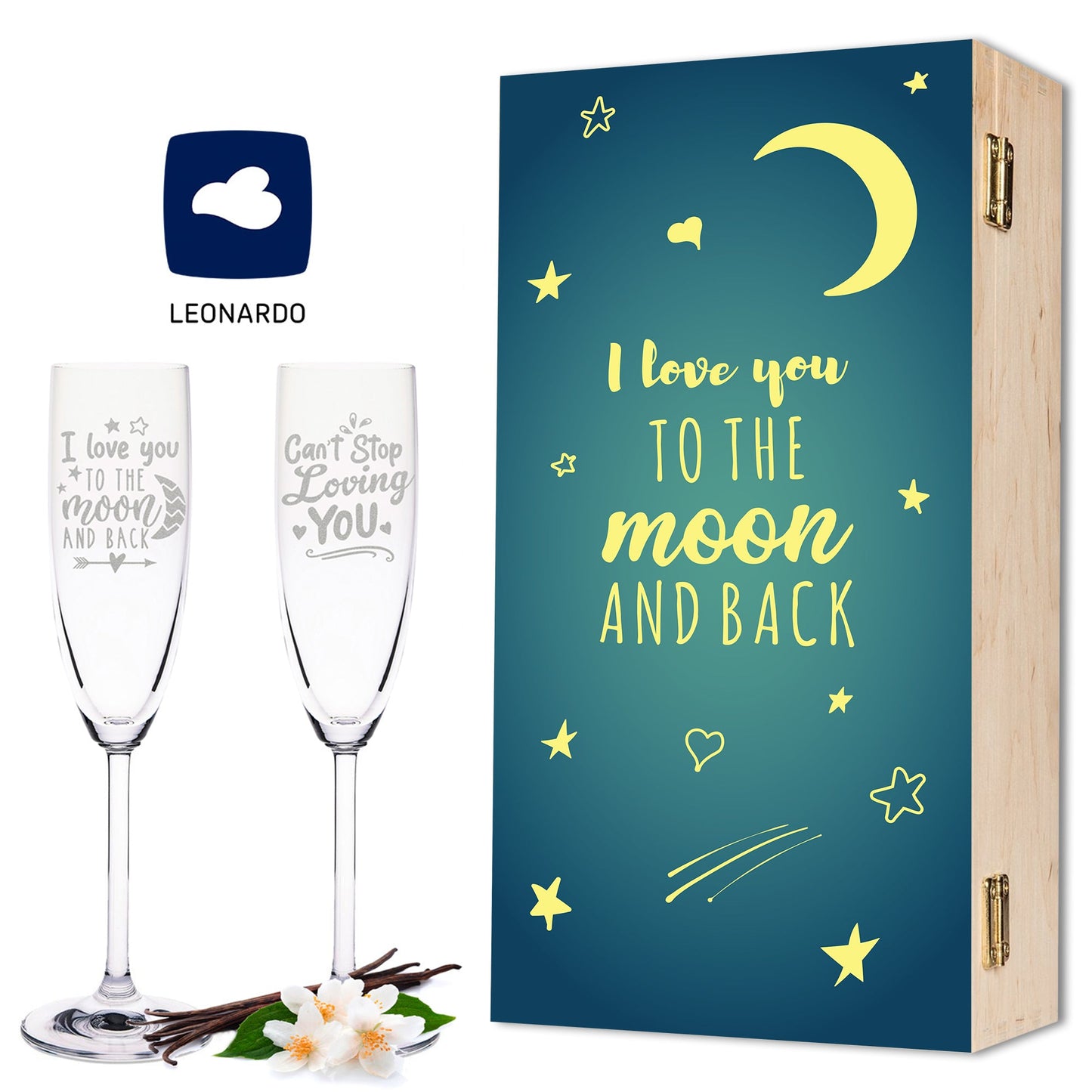 Leonardo Sektgläser "I Love You to the Moon and back" inkl. bedruckter Holzkiste im Set