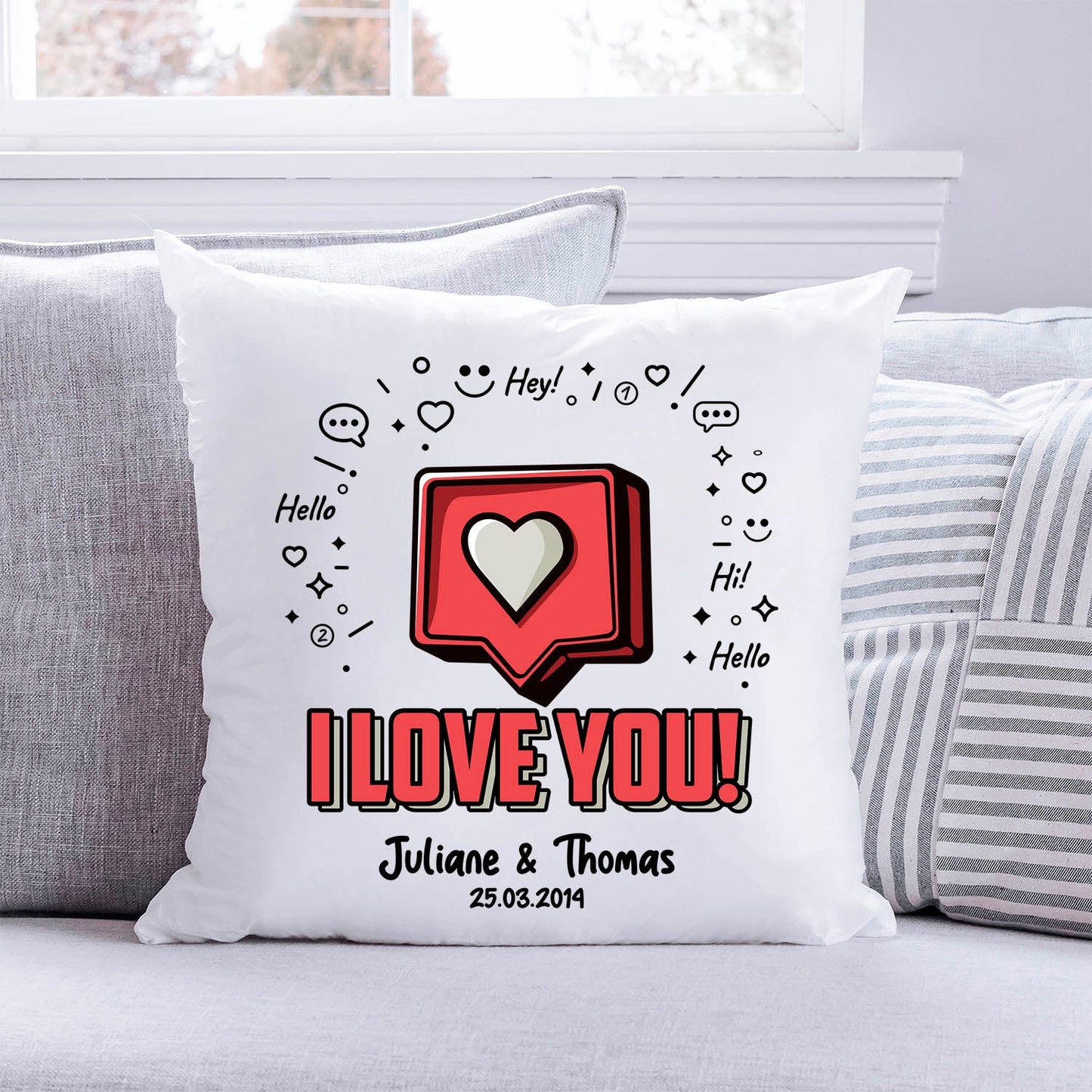 Bedrucktes Kissen mit Motiv I Love You Herz