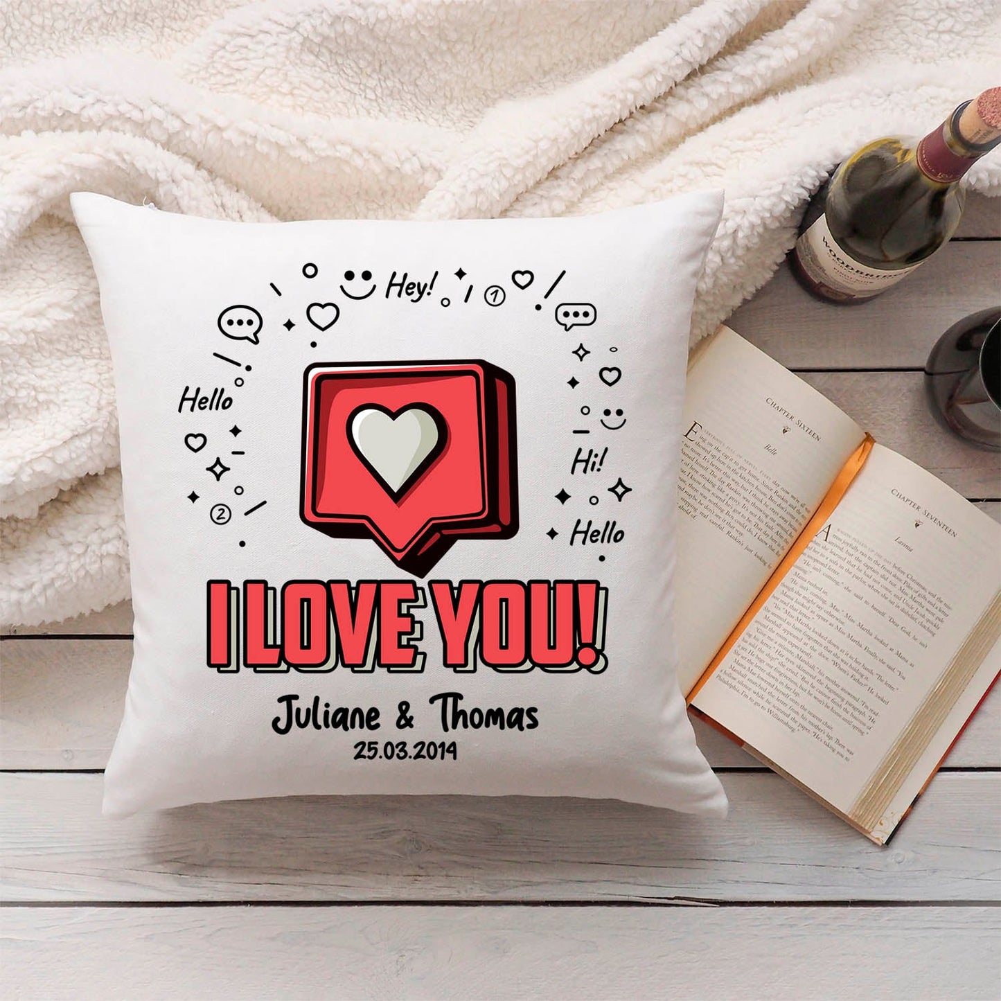 Bedrucktes Kissen mit Motiv I Love You Herz