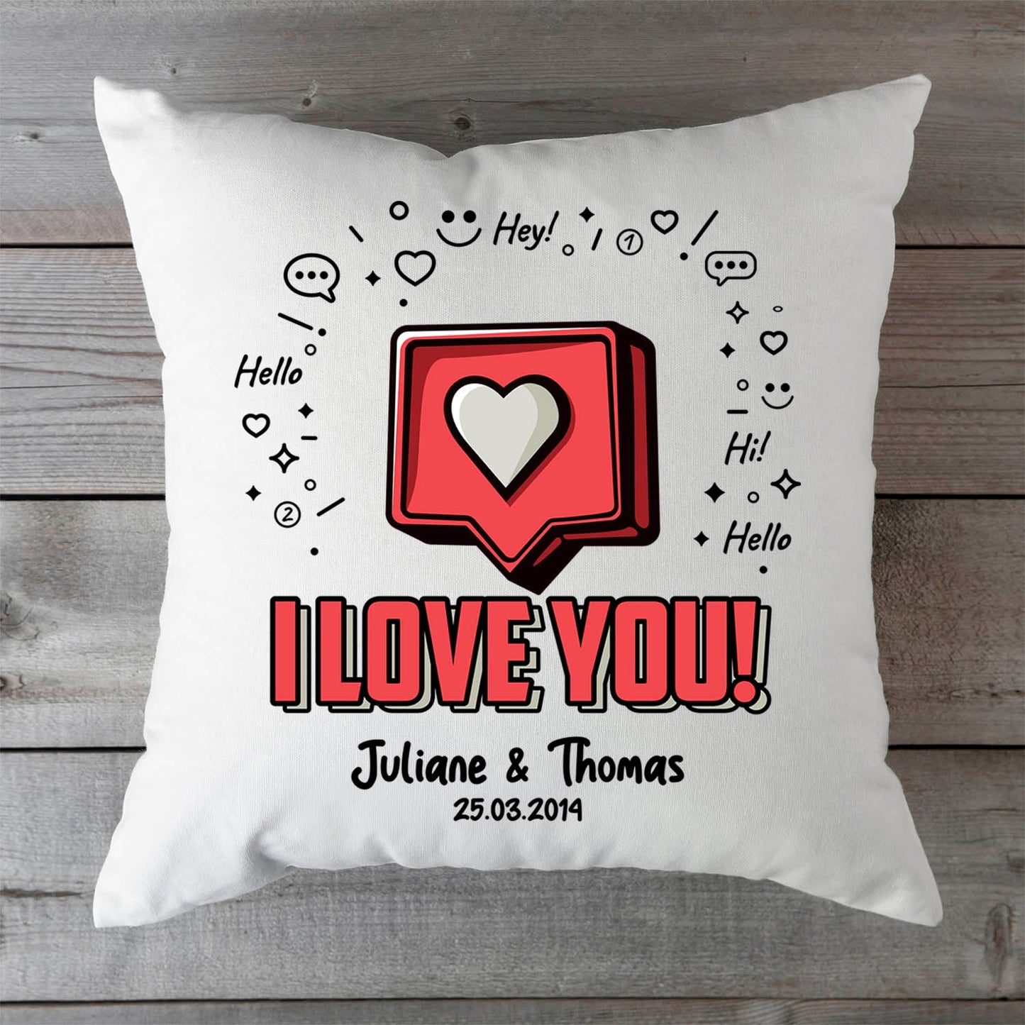 Bedrucktes Kissen mit Motiv I Love You Herz
