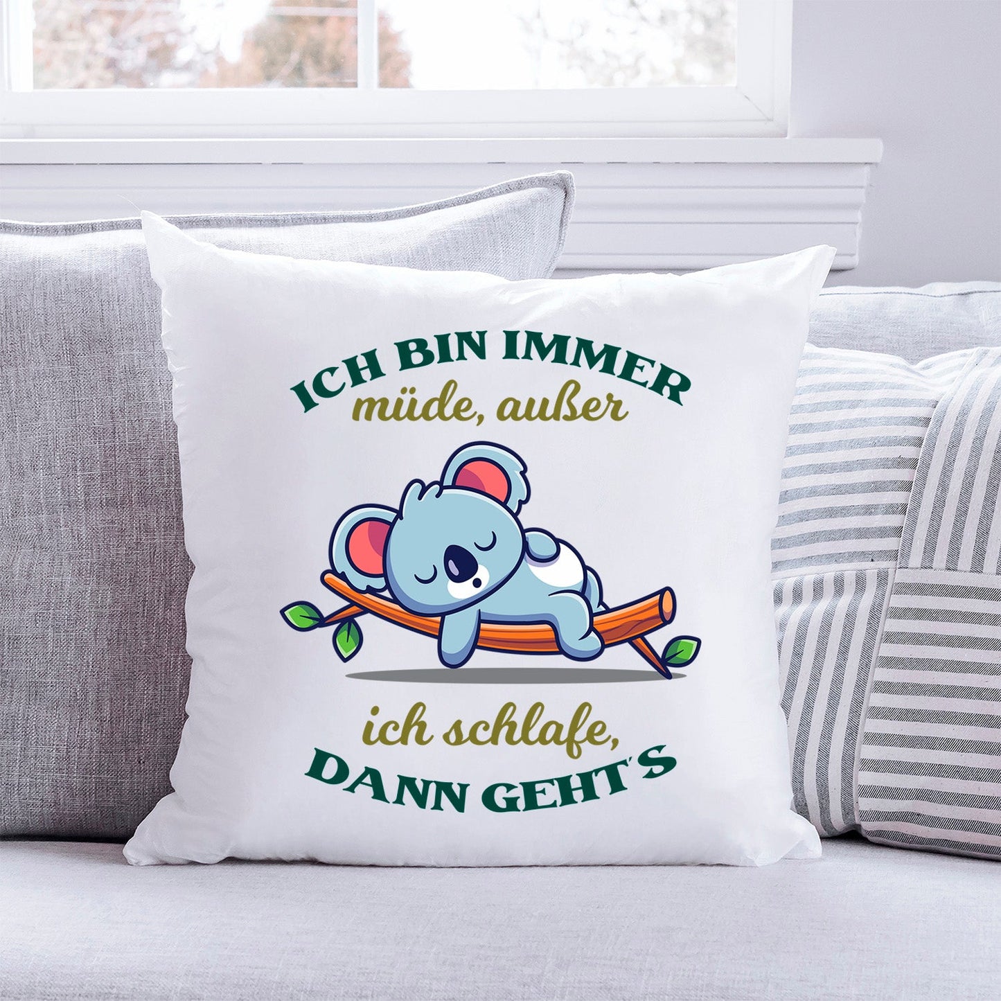 Bedrucktes Kissen mit Spruch Ich bin immer müde