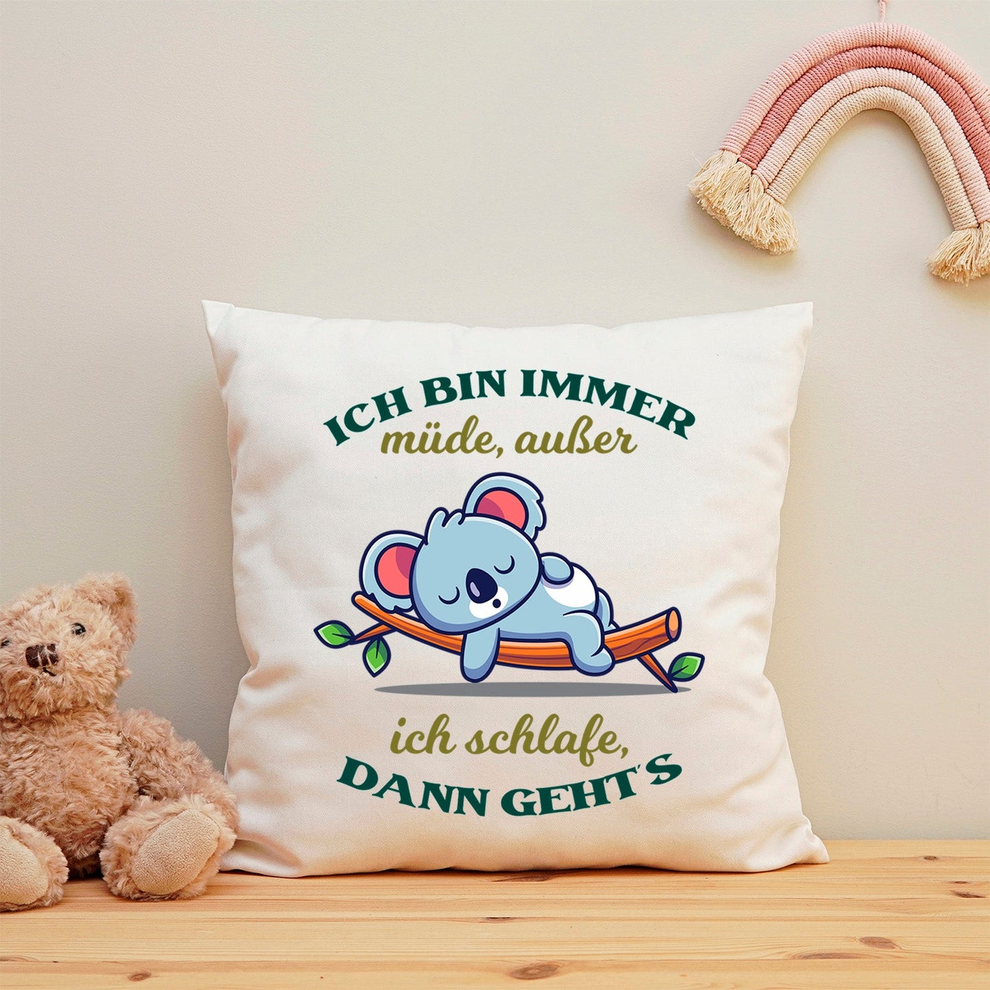 Bedrucktes Kissen mit Spruch Ich bin immer müde