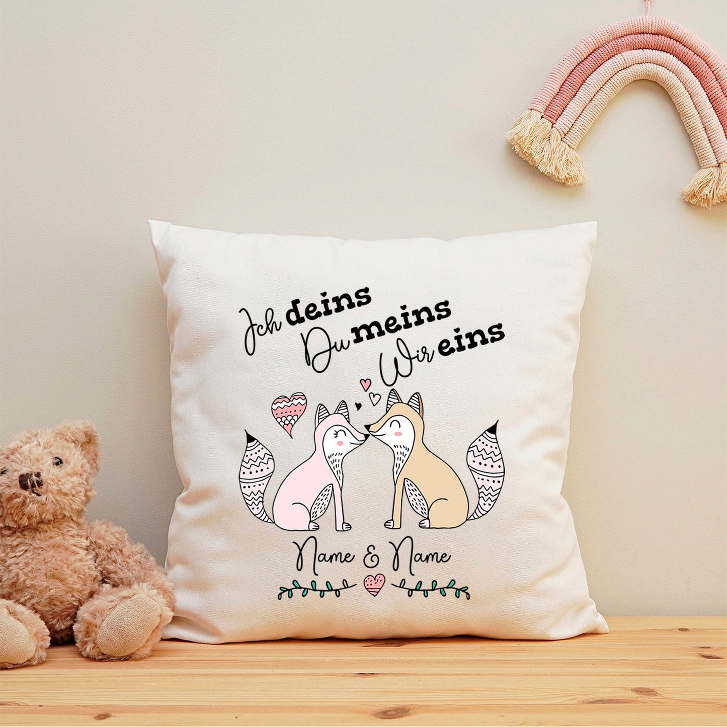 Bedrucktes Kissen mit Spruch Ich deins, Du meins, Wir eins
