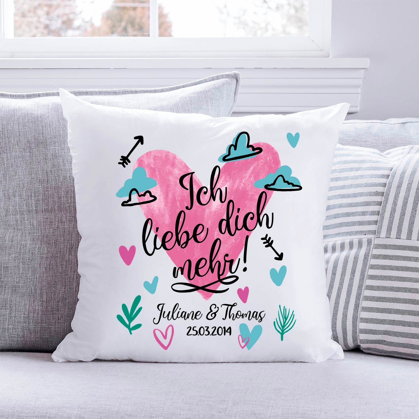 Bedrucktes Kissen mit Motiv Ich Liebe Dich Mehr