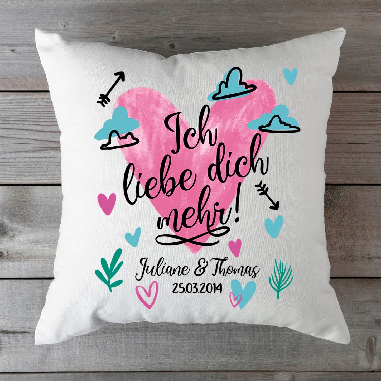Bedrucktes Kissen mit Motiv Ich Liebe Dich Mehr