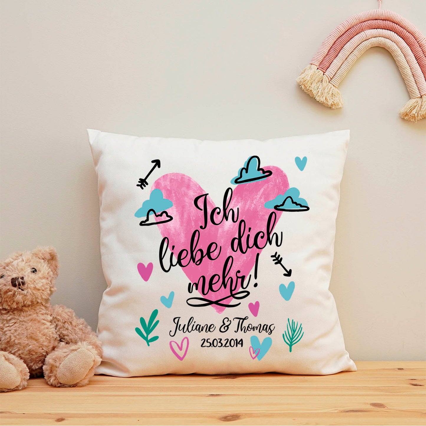 Bedrucktes Kissen mit Motiv Ich Liebe Dich Mehr