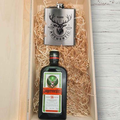 Flachmann aus Edelstahl Geschenkset - personalisiert mit Jägermeister im Set