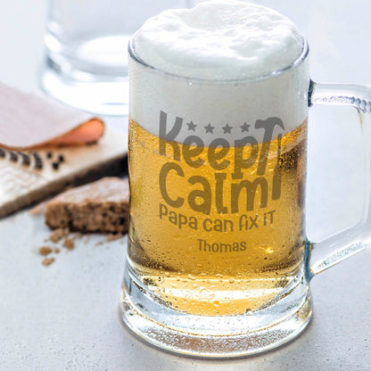 Montana Bierkrug mit Gravur "Keep calm papa can fix it" mit Name