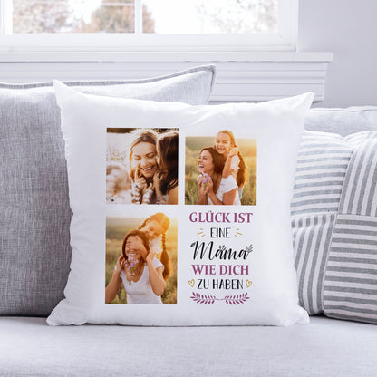 Bedrucktes Kissen mit Spruch Glück ist eine Mama wie dich zu haben & eigenen Fotos
