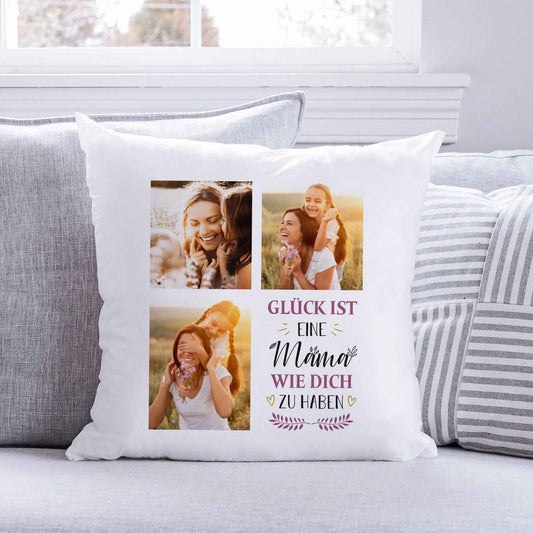 Bedrucktes Kissen mit Spruch Glück ist eine Mama wie dich zu haben & eigenen Fotos
