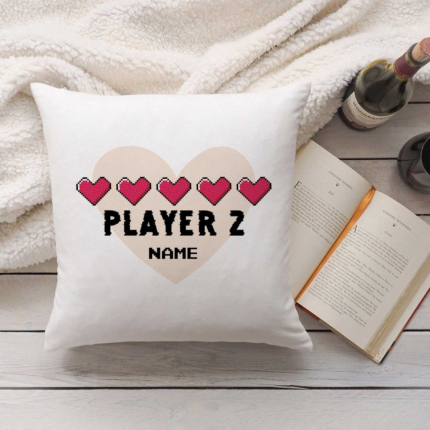 Bedrucktes Kissen mit Spruch "Player 1 & Player 2" im Set