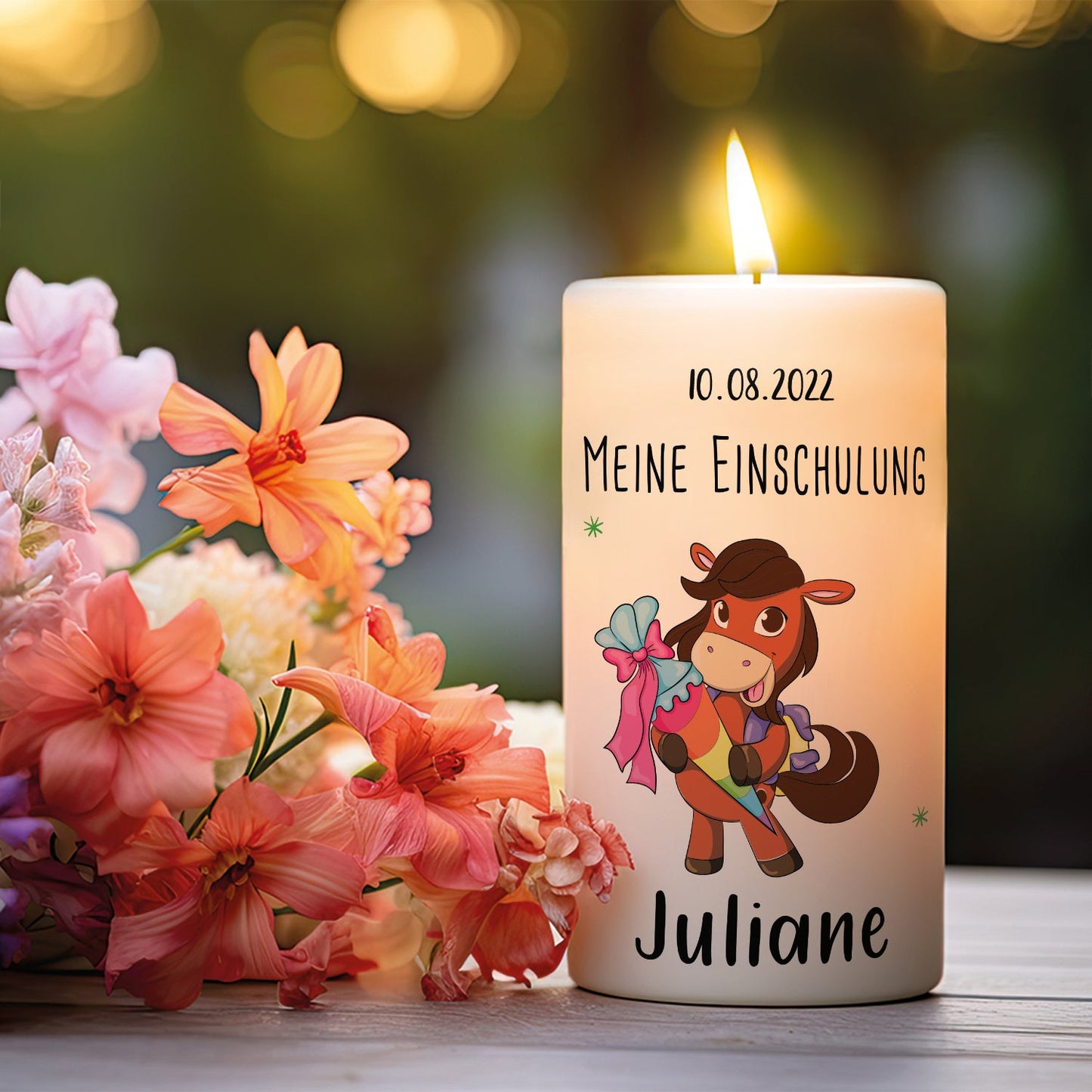 Kleine Kerze "Pferde" mit Namen & Datum zur Einschulung