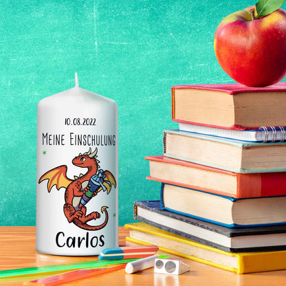 Kleine Kerze "Drache" mit Namen und Datum zur Einschulung