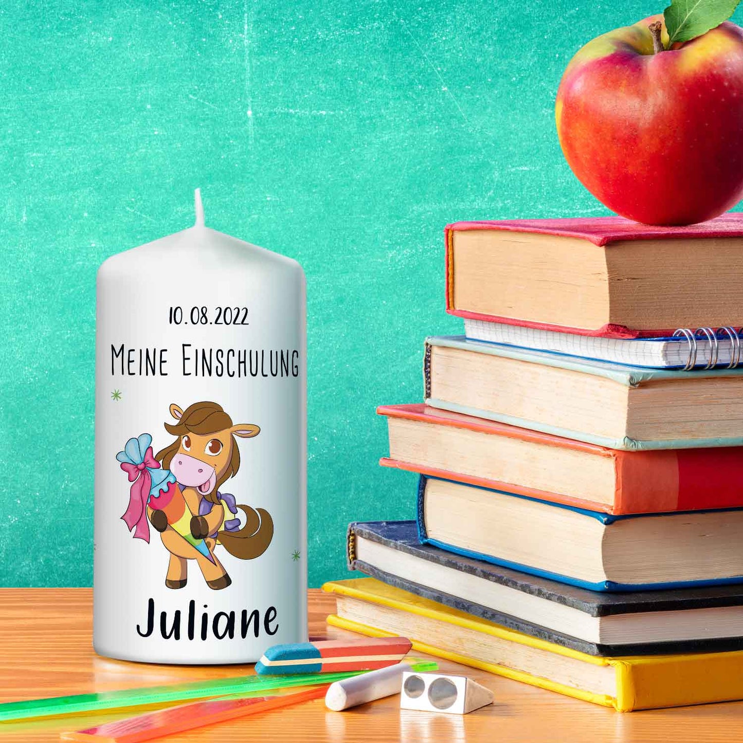 Kleine Kerze "Pferde" mit Namen & Datum zur Einschulung