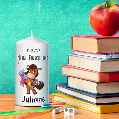 Kleine Kerze "Pferde" mit Namen & Datum zur Einschulung