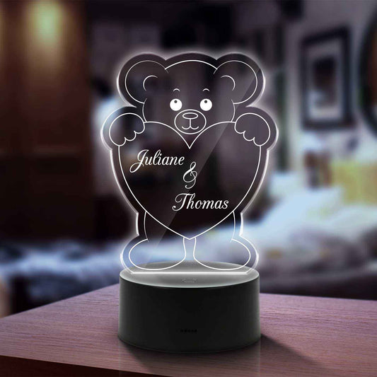 Graviertes Acrylglas im Teddy Herz Design mit LED-Sockel