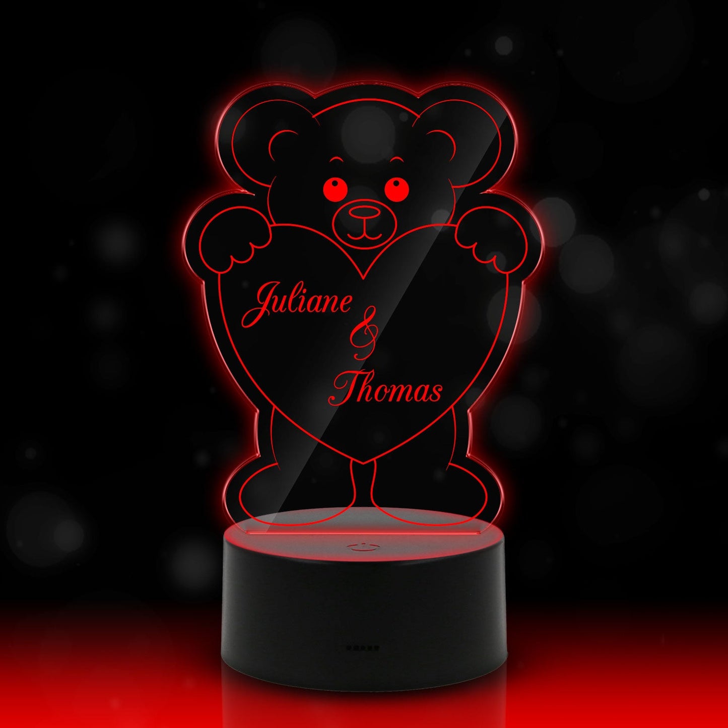 Graviertes Acrylglas im Teddy Herz Design mit LED-Sockel