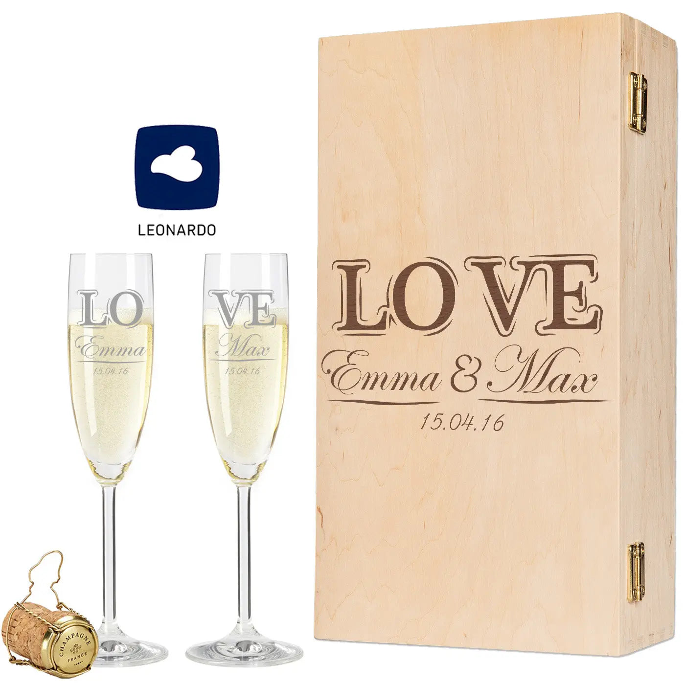 Leonardo Sektgläser mit Gravur im "Love" Design als Set inkl. gravierter Holzkiste