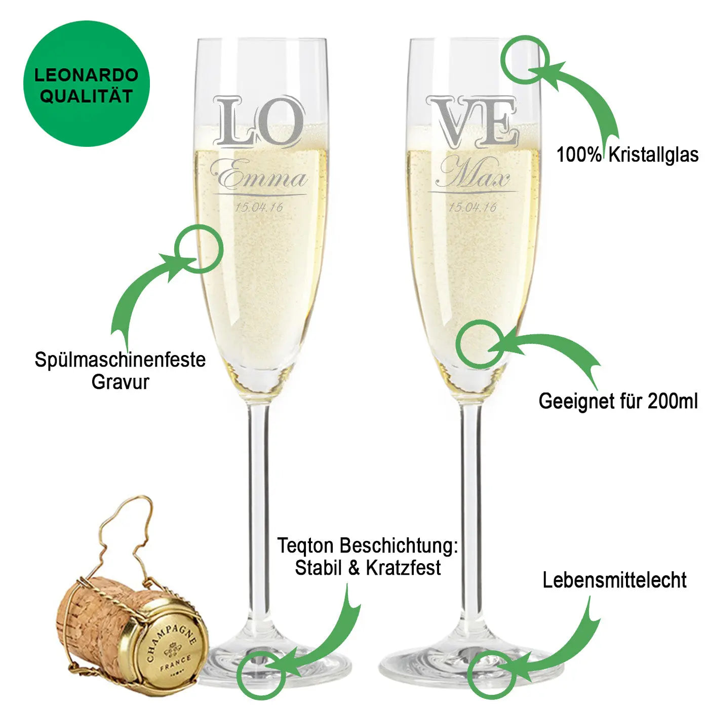 Leonardo Sektgläser mit Gravur im "Love" Design als Set inkl. gravierter Holzkiste