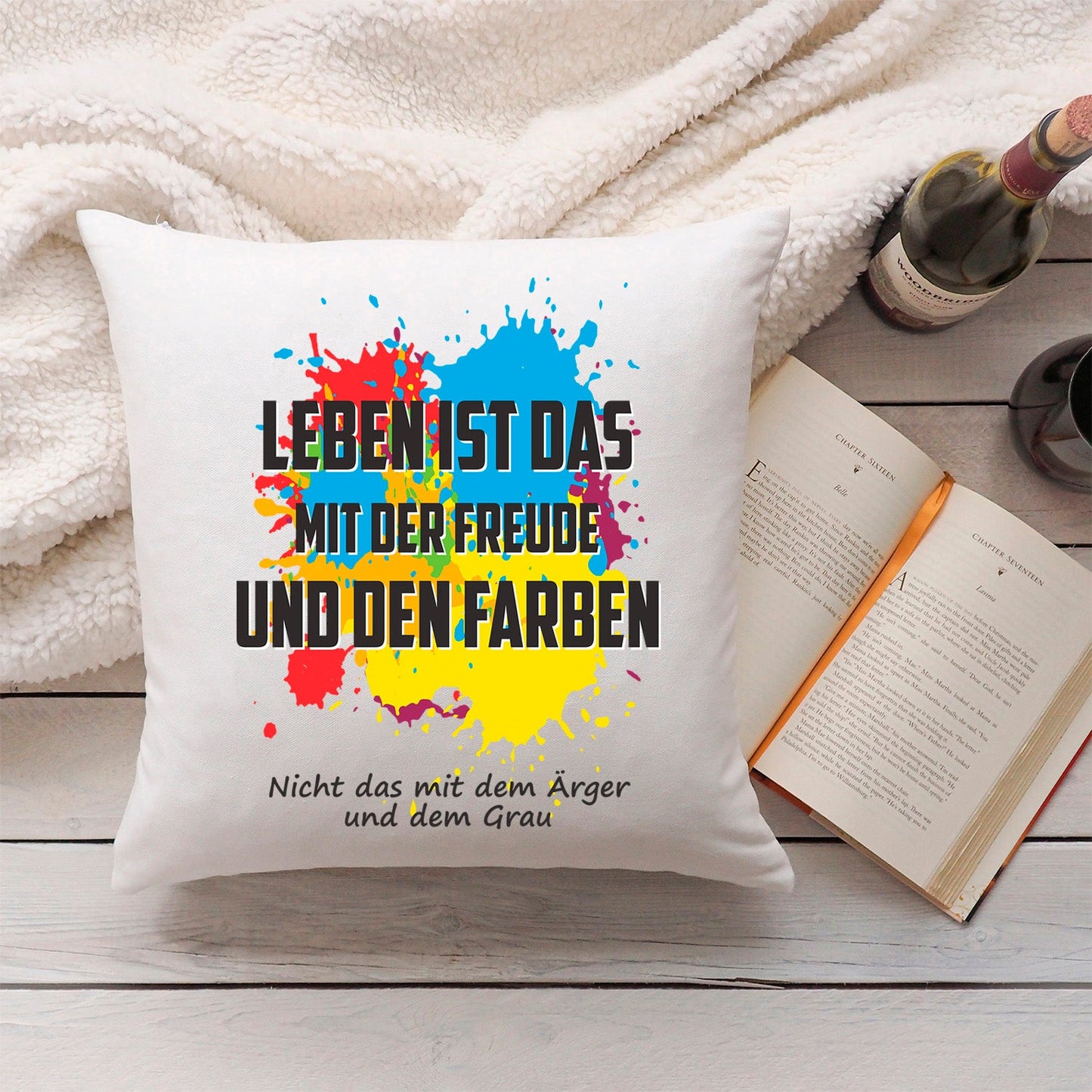 Bedrucktes Kissen mit Spruch Leben ist das mit der Freude