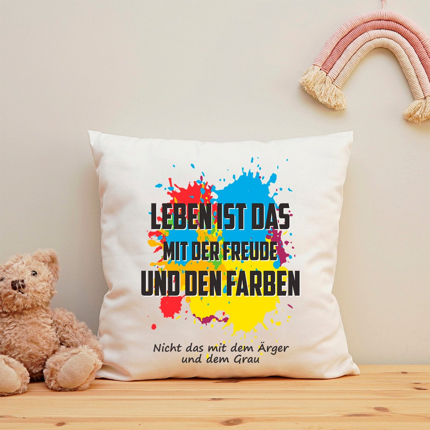 Bedrucktes Kissen mit Spruch Leben ist das mit der Freude