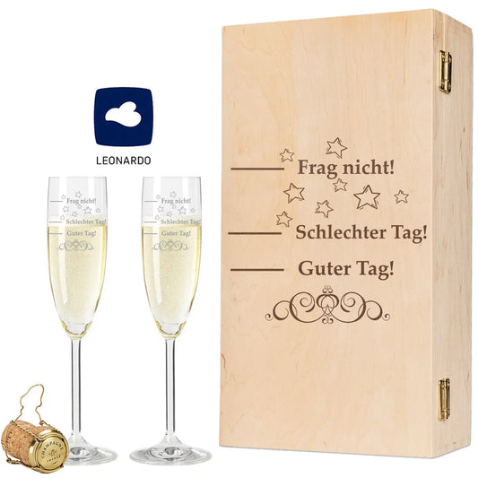 Leonardo Sektgläser "Schlechter Tag, Guter Tag, Frag nicht!" im Set  inkl. bedruckter Holzkiste