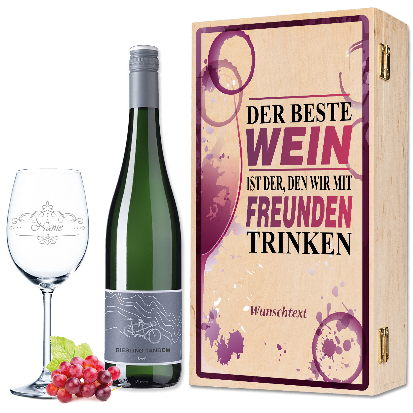Leonardo Weinglas "Der beste Wein nur mit Freunden 2.0" inkl. bedruckter Holzkiste + Riesling Tandem