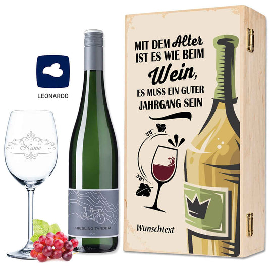 Leonardo Weinglas "Mit dem Alter ist es wie beim Wein" inkl. bedruckter Holzkiste + Riesling Tandem