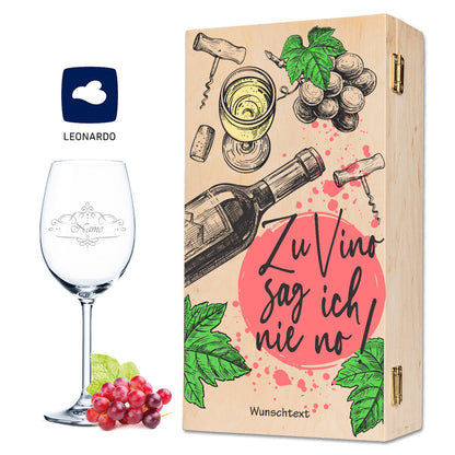 Leonardo Weinglas mit Wunschname Gravur inkl. bedruckter "Zu Vino sag ich nie no" Holzkiste
