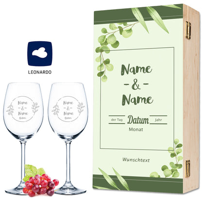 Leonardo Weingläser mit Gravur "Green Flower Branch" Design im Set inkl. bedruckter Holzkiste