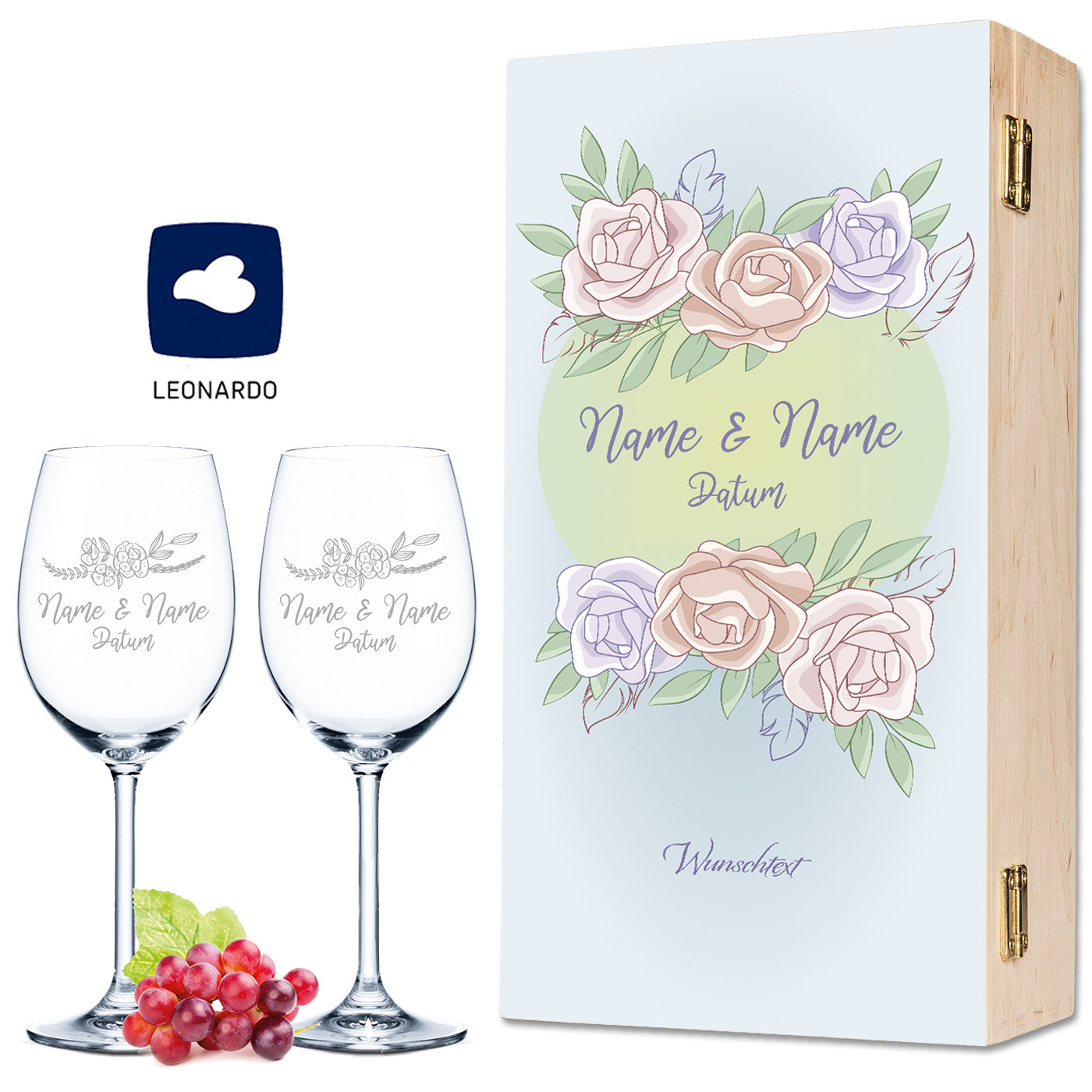 Leonardo Weingläser mit Gravur "Pastel Blue Roses" Design als Set inkl. bedruckter Holzkiste