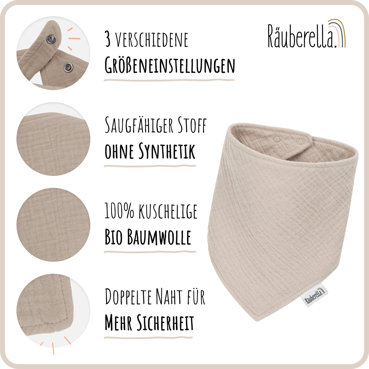 3er Set Musselin Lätzchen Flieder, Rosa & Beige