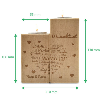 Gravierter Teelichthalter aus Holz im Set mit Namensherz Mama Design