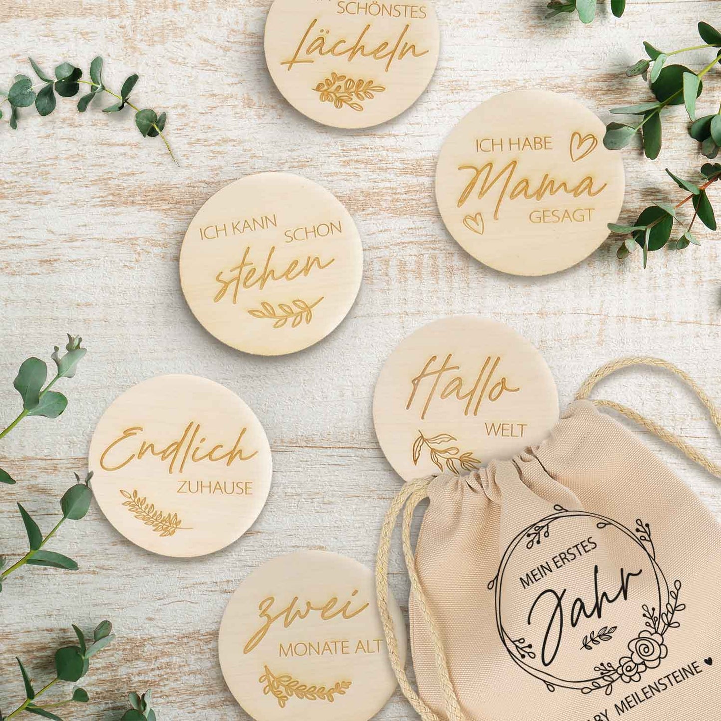 Gravierte Meilensteinkarten aus Holz - Mein erstes Jahr - mit Stoffbeutel als Geschenk